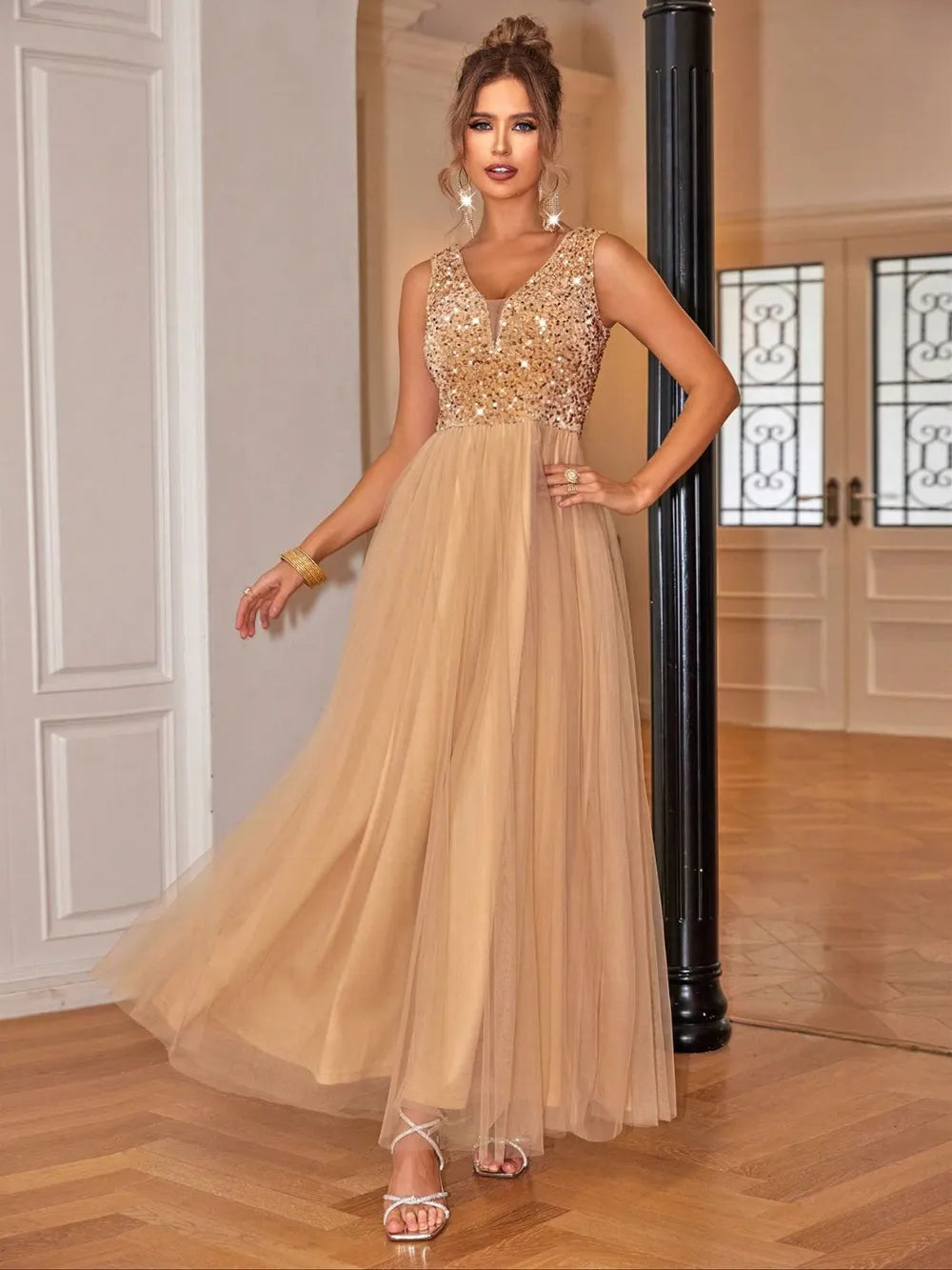 Sequin V-Neck Sleeveless Dress. - Maison Novaire #