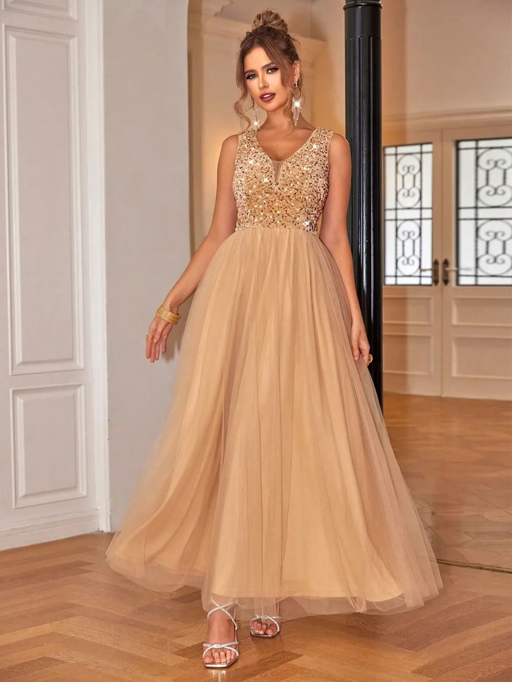 Sequin V-Neck Sleeveless Dress. - Maison Novaire #