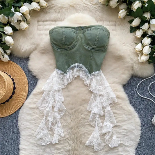 Sexy Spliced Lace Crop Top | Korean Corset Bustier Tank - Maison Novaire