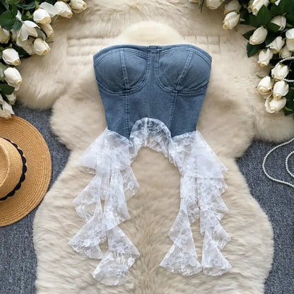 Sexy Spliced Lace Crop Top | Korean Corset Bustier Tank - Maison Novaire