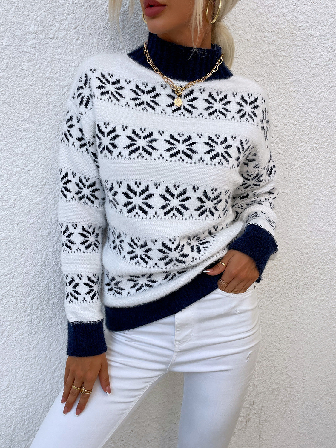 Snowflake Pattern Mock Neck Sweater. - Maison Novaire #