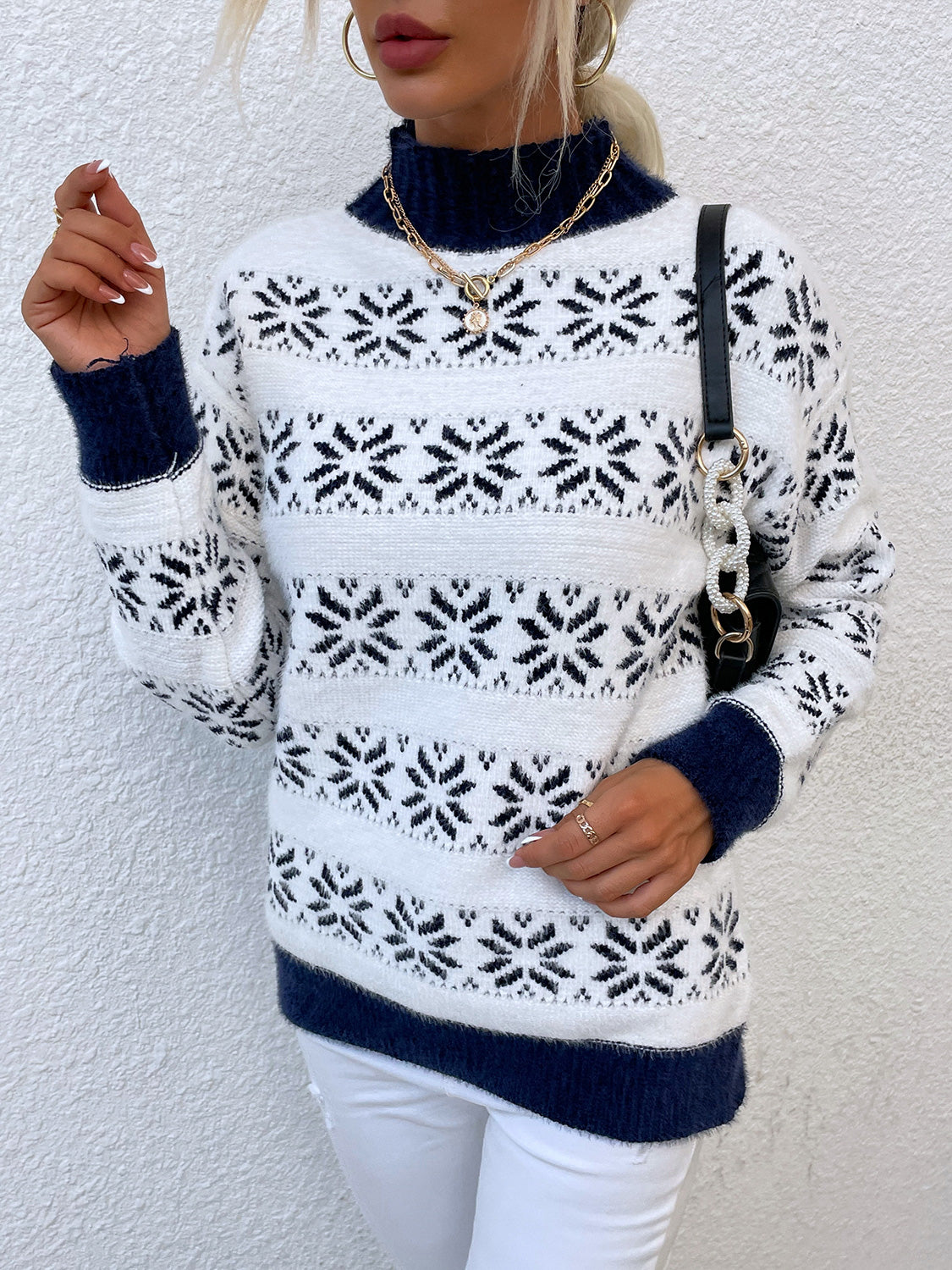 Snowflake Pattern Mock Neck Sweater. - Maison Novaire #