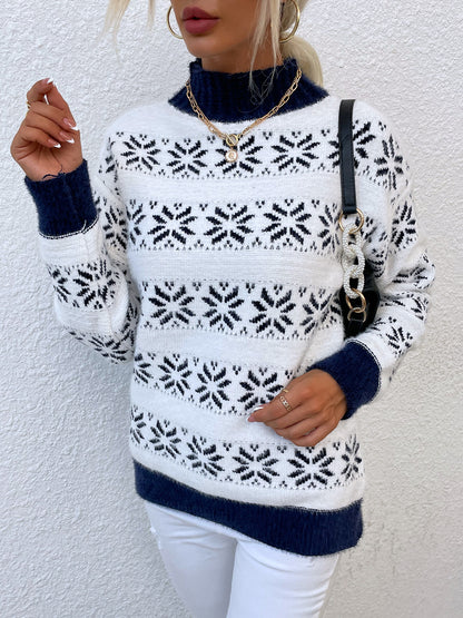 Snowflake Pattern Mock Neck Sweater. - Maison Novaire #