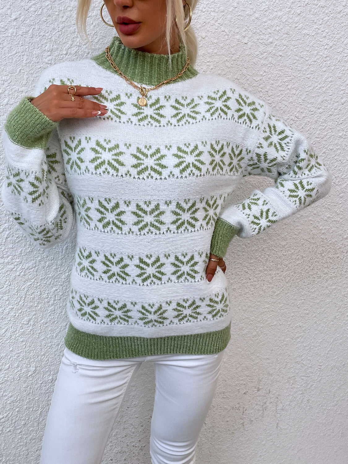 Snowflake Pattern Mock Neck Sweater. - Maison Novaire #
