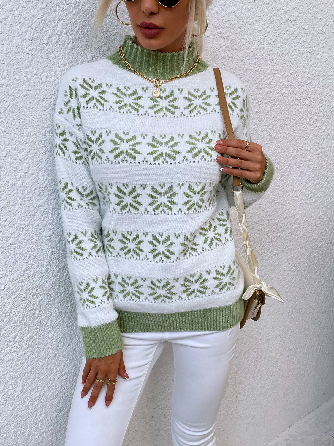 Snowflake Pattern Mock Neck Sweater. - Maison Novaire #