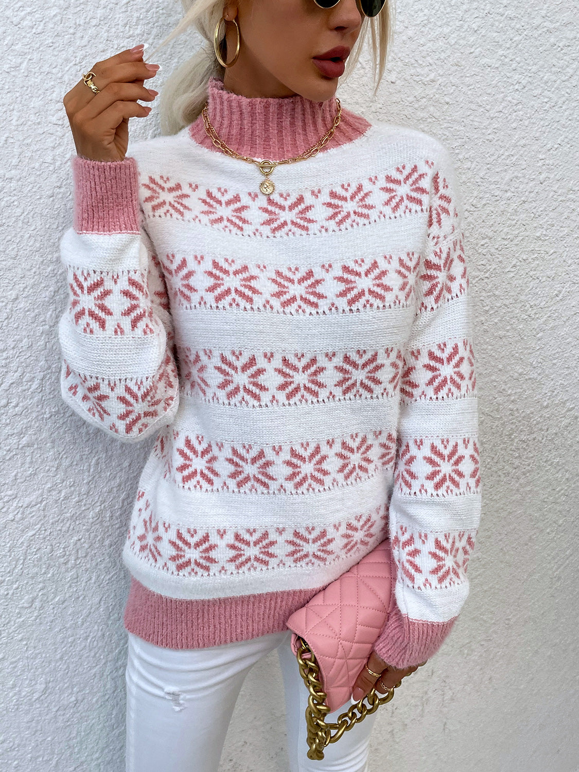 Snowflake Pattern Mock Neck Sweater. - Maison Novaire #
