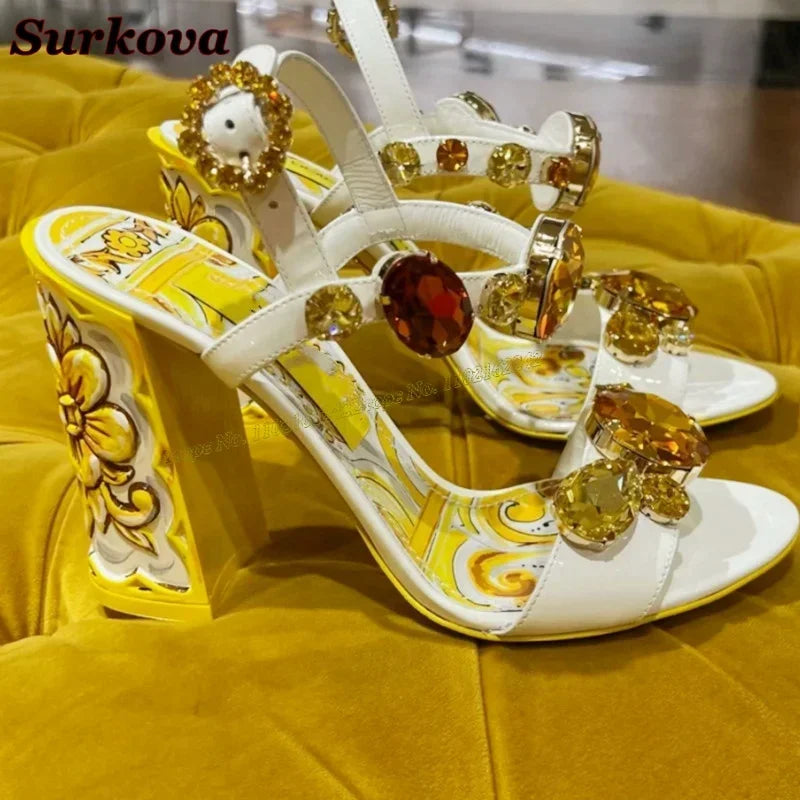 Summer Gemstone Thick Heel Printed Dress Sandals for Women. - Maison Novaire #