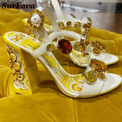 Summer Gemstone Thick Heel Printed Dress Sandals for Women. - Maison Novaire #