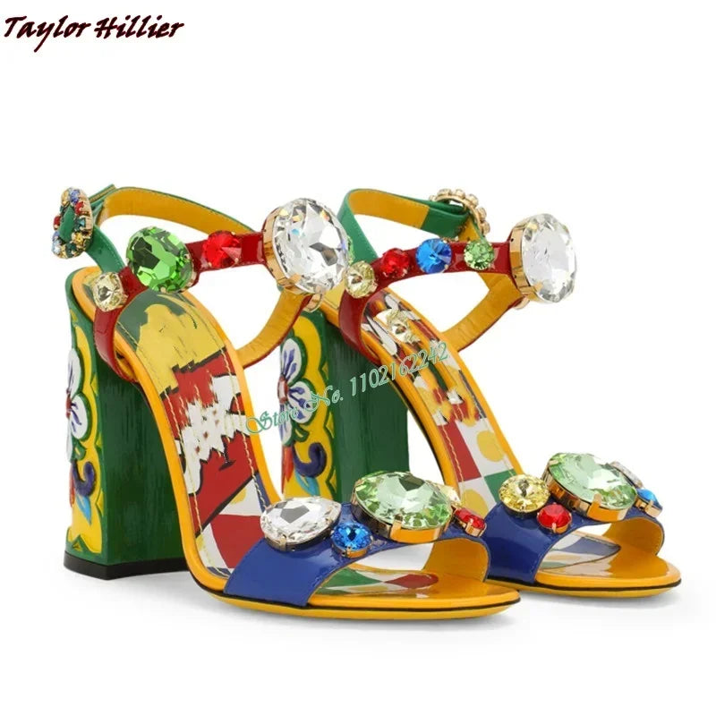 Summer Gemstone Thick Heel Printed Dress Sandals for Women. - Maison Novaire #