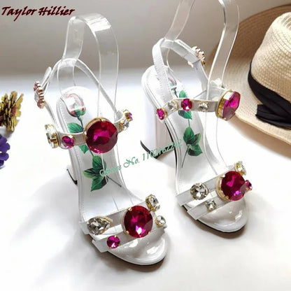 Summer Gemstone Thick Heel Printed Dress Sandals for Women. - Maison Novaire #