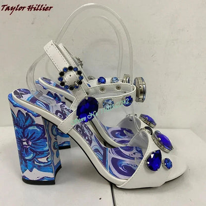 Summer Gemstone Thick Heel Printed Dress Sandals for Women. - Maison Novaire #