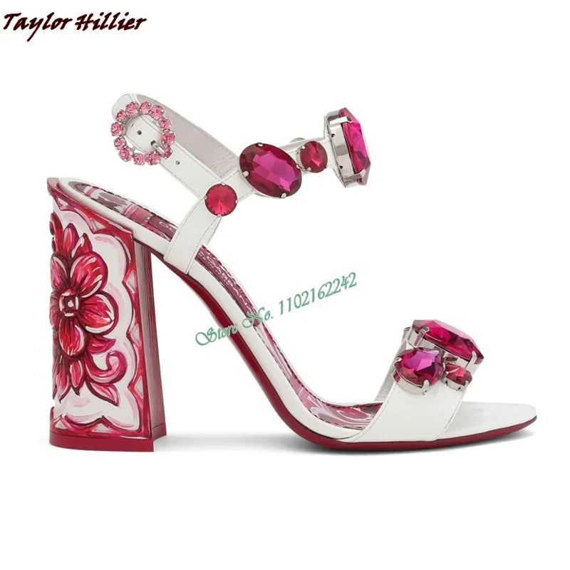 Summer Gemstone Thick Heel Printed Dress Sandals for Women. - Maison Novaire #