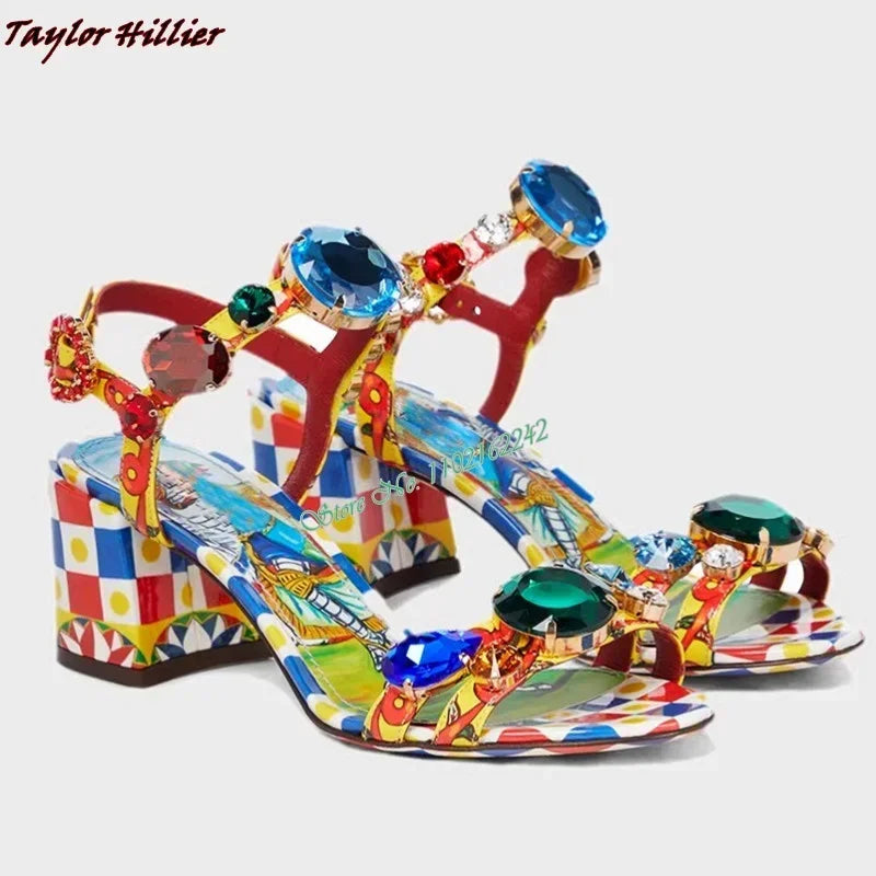 Summer Gemstone Thick Heel Printed Dress Sandals for Women. - Maison Novaire #