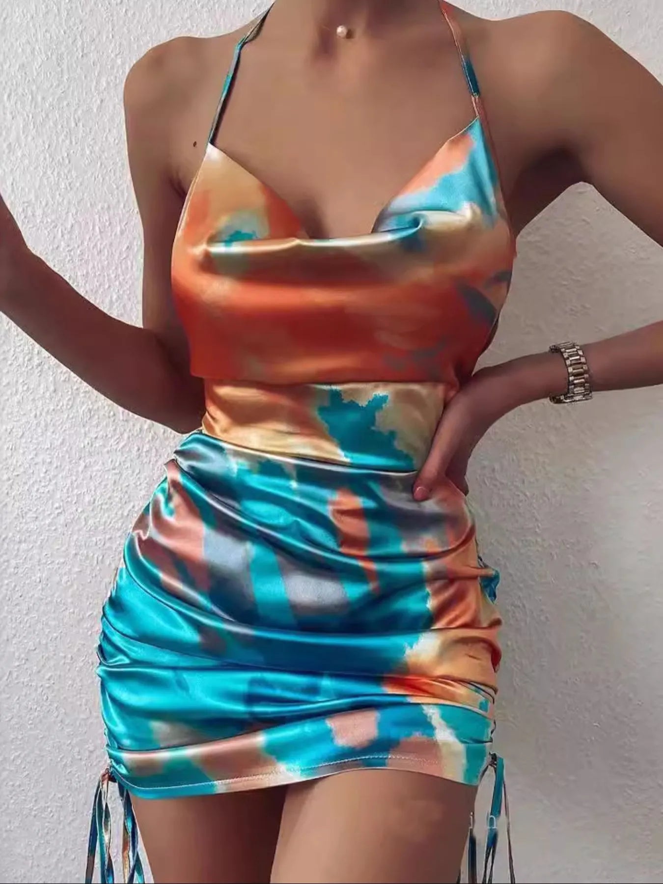 Tie-Dye Halter Ruched Mini Dress with Side Drawstring. - Maison Novaire #