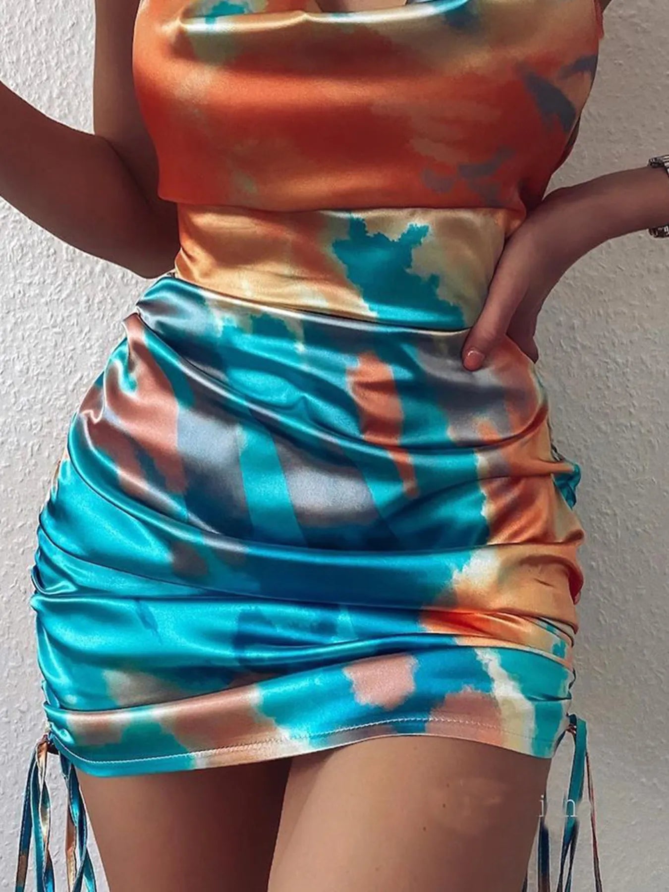 Tie-Dye Halter Ruched Mini Dress with Side Drawstring. - Maison Novaire #