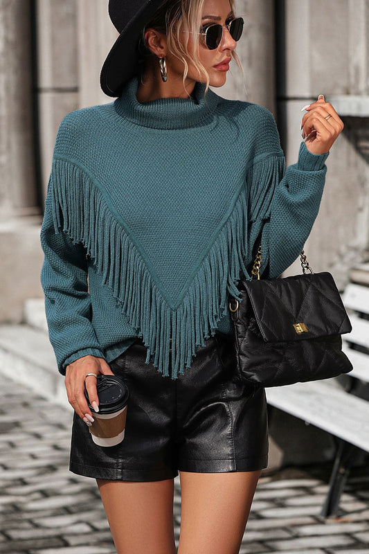 Turtle Neck Tassel Front Long Sleeve Pullover Sweater - Maison Novaire