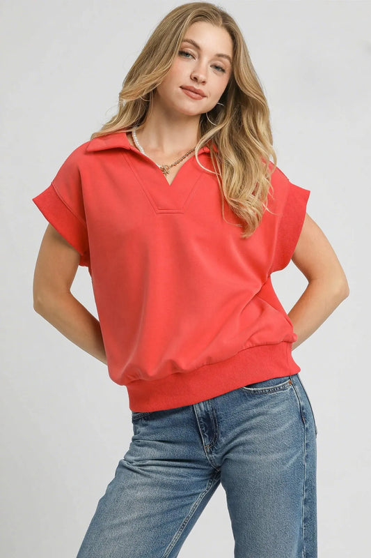 Umgee Luxe Knit Collared Short Sleeve Polo Sweatshirt. - Maison Novaire