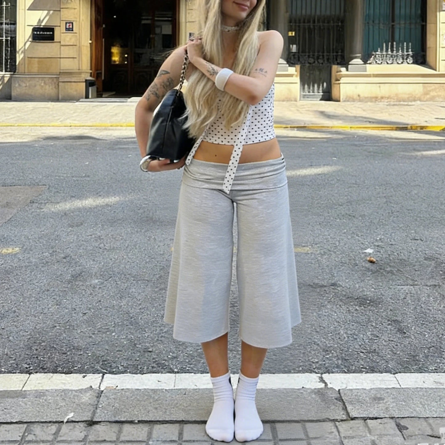 Women Fold Over Gaucho Pants | Low Rise Wide Leg Capri - Maison Novaire