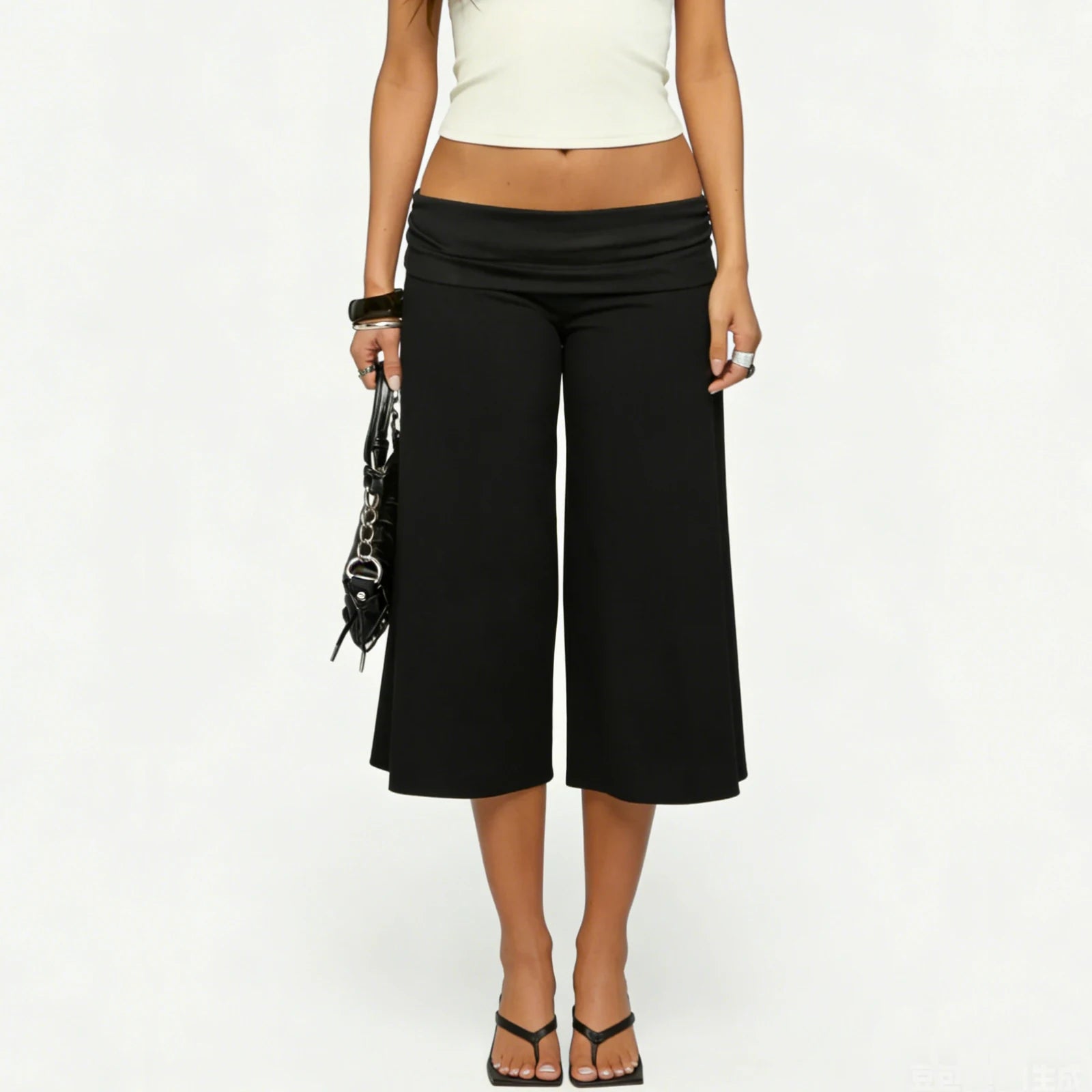 Women Fold Over Gaucho Pants | Low Rise Wide Leg Capri - Maison Novaire
