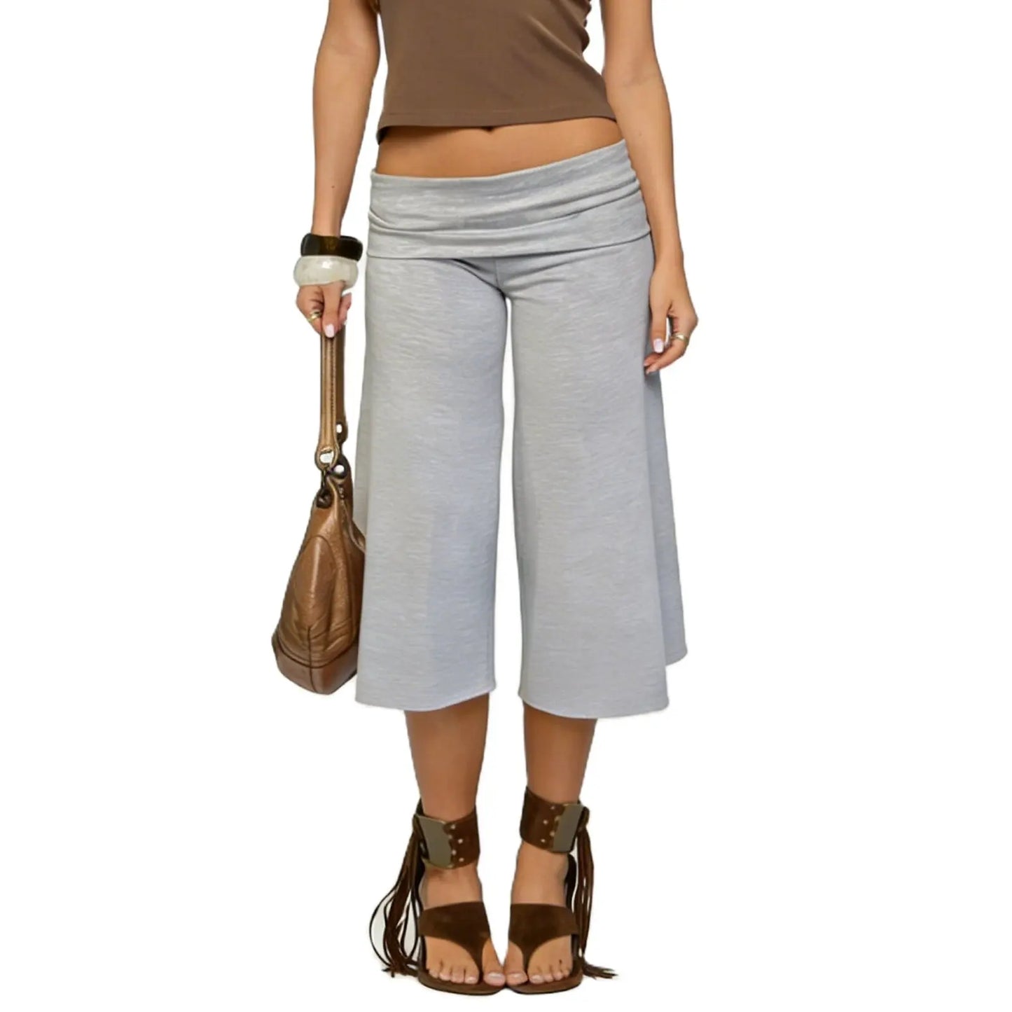 Women Fold Over Gaucho Pants | Low Rise Wide Leg Capri - Maison Novaire