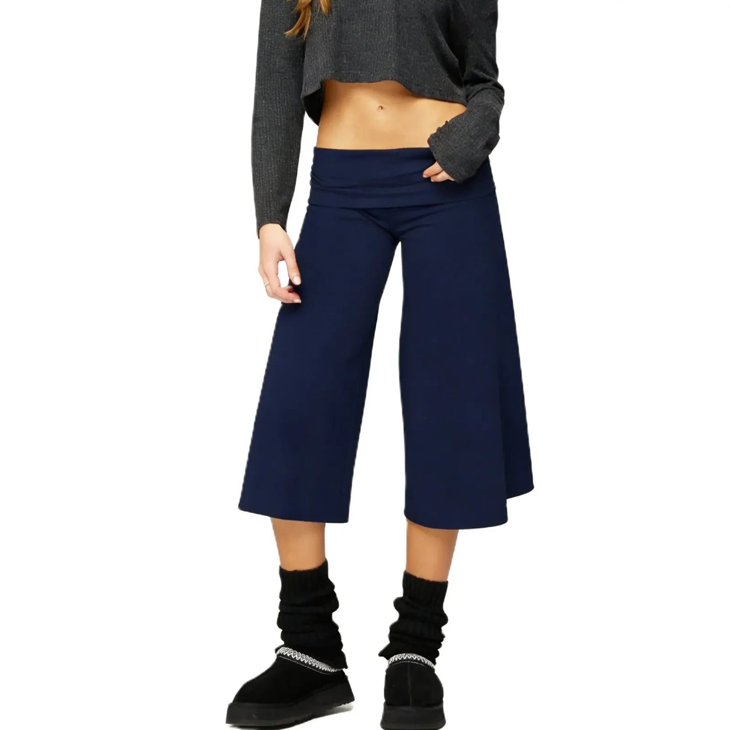 Women Fold Over Gaucho Pants | Low Rise Wide Leg Capri - Maison Novaire