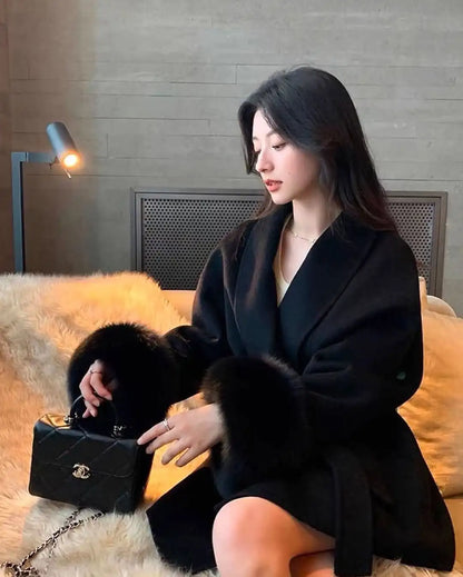 Women's Lace-Up Wool Coat | Furry Lapel Belted Short Jacket | Autumn Winter - Maison Novaire #