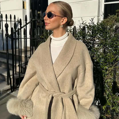 Women's Lace-Up Wool Coat | Furry Lapel Belted Short Jacket | Autumn Winter - Maison Novaire #