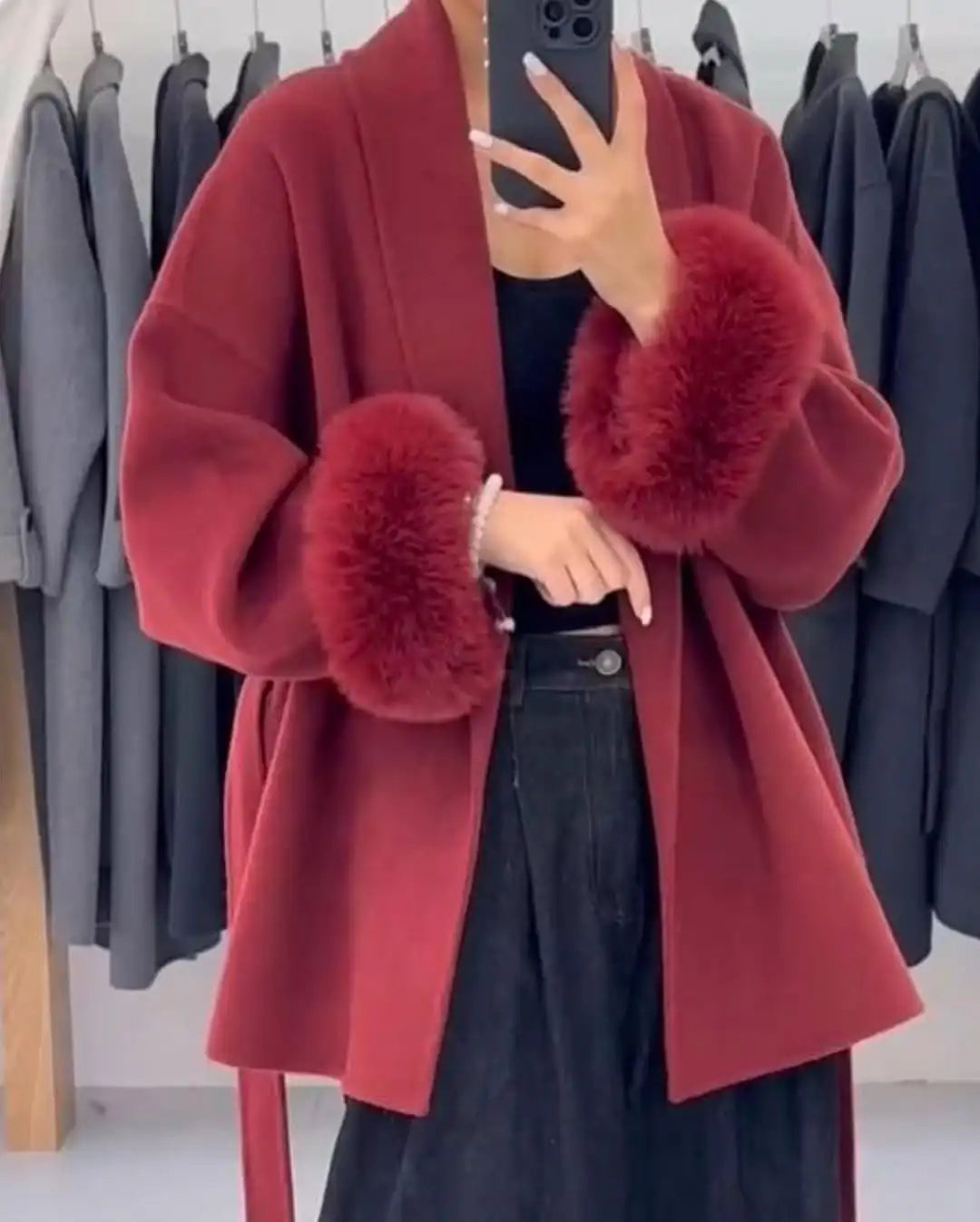 Women's Lace-Up Wool Coat | Furry Lapel Belted Short Jacket | Autumn Winter - Maison Novaire #