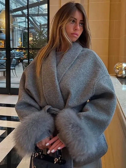 Women's Lace-Up Wool Coat | Furry Lapel Belted Short Jacket | Autumn Winter - Maison Novaire #