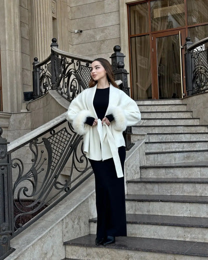 Women's Lace-Up Wool Coat | Furry Lapel Belted Short Jacket | Autumn Winter - Maison Novaire #