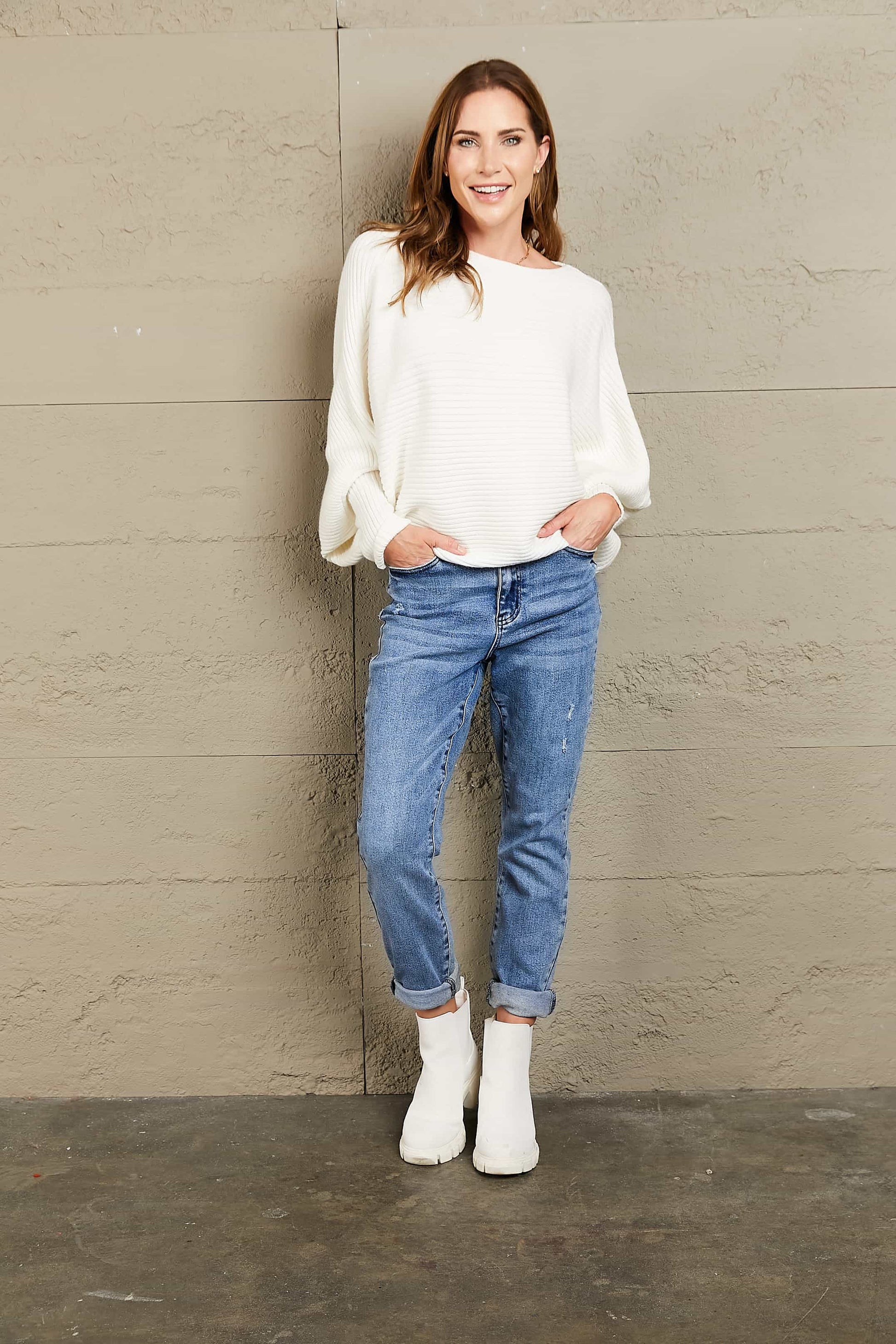 Woven Right Horizontal Ribbing Dolman Sleeve Sweater. - Maison Novaire #