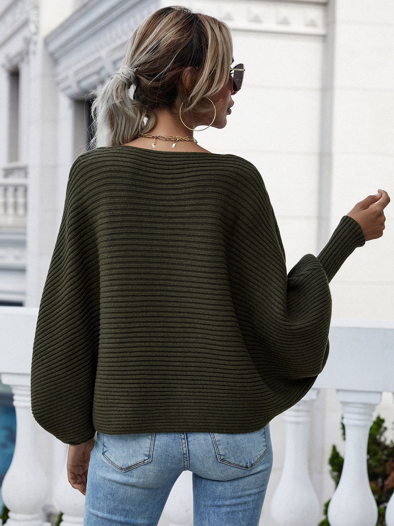 Woven Right Horizontal Ribbing Dolman Sleeve Sweater. - Maison Novaire #