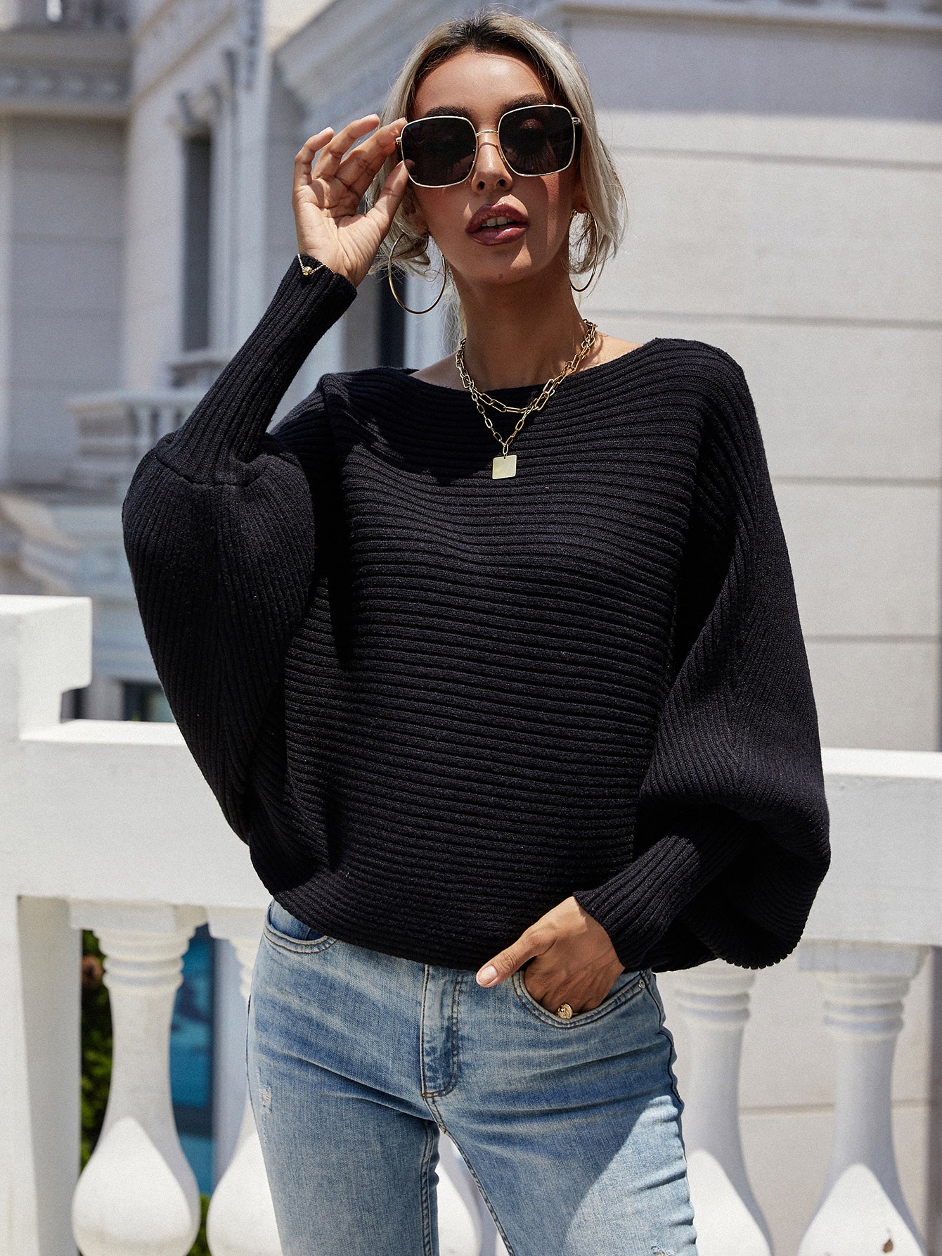 Woven Right Horizontal Ribbing Dolman Sleeve Sweater. - Maison Novaire #