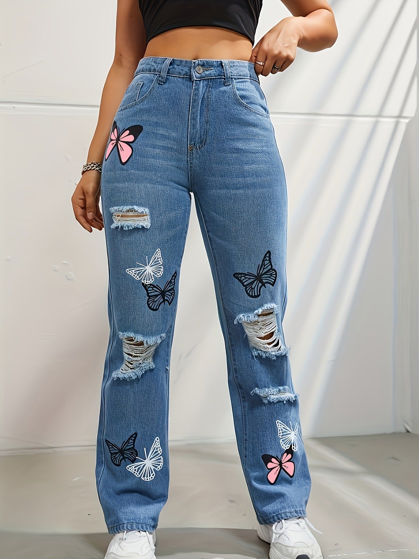 Trendy High Waisted Butterfly Leg Jeans For Women