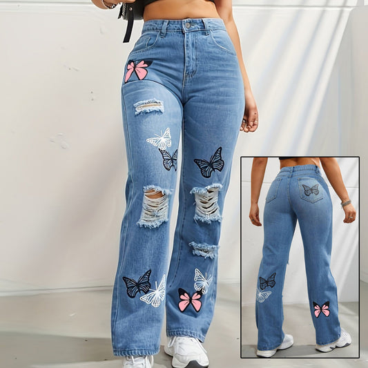 Trendy High Waisted Butterfly Leg Jeans For Women